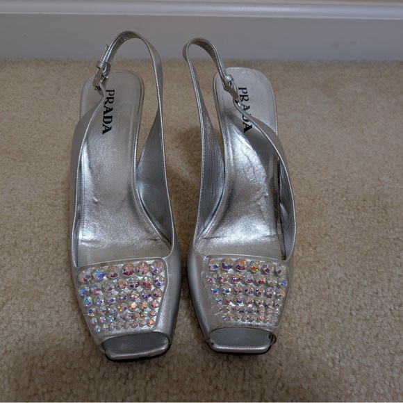 Prada silver leathers size 8 sling back heel with rhinestone embelishment. - Picture 13 of 13